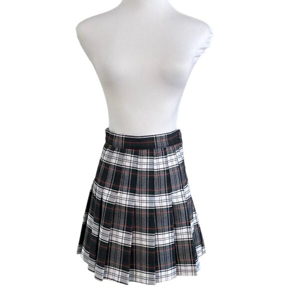 AMERICAN APPAREL BLACK WHITE RED PLAID HIGH RISE MINI PLEATED SKATER SKIRT - XS - Picture 1 of 9